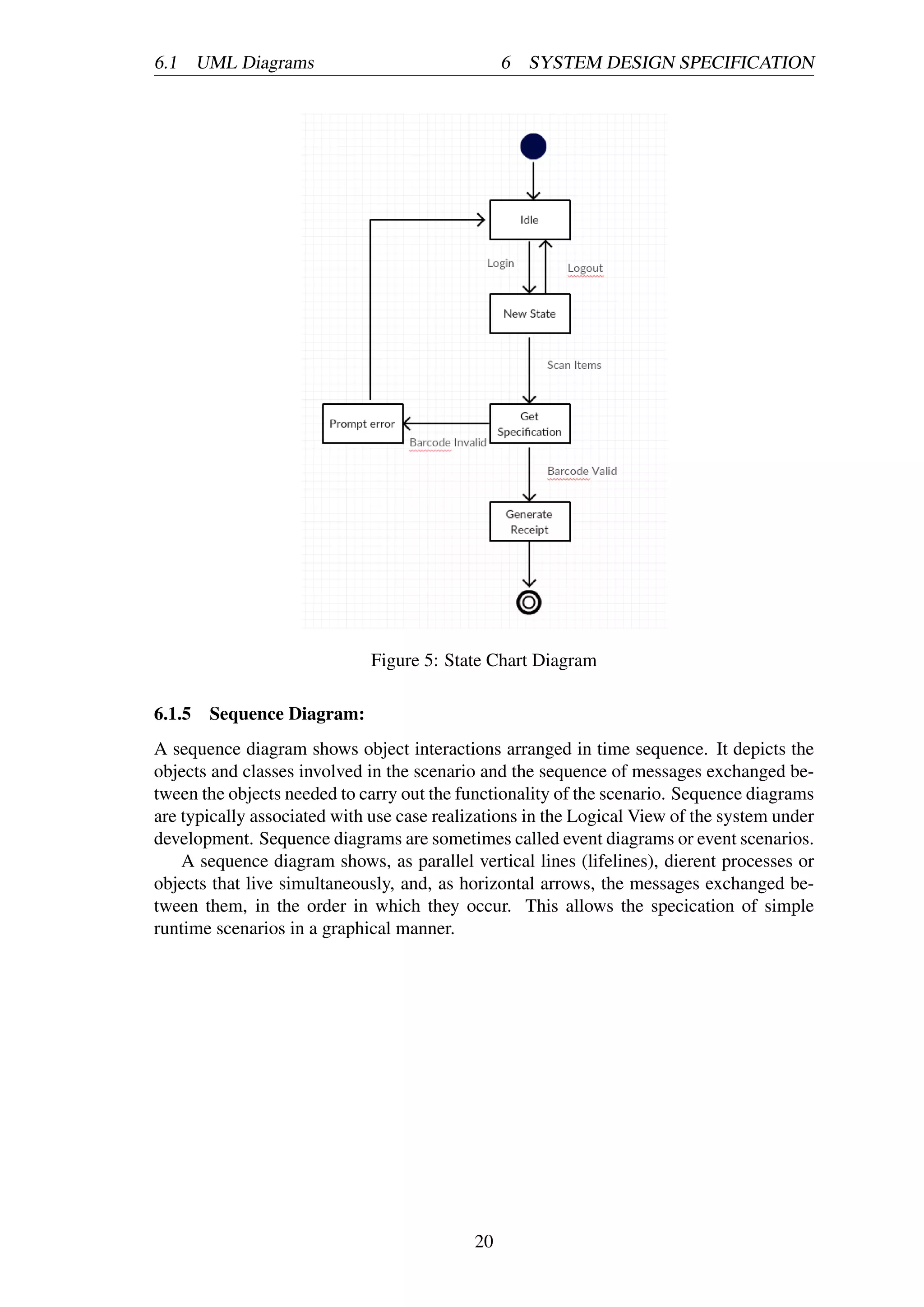 6.1 UML Diagrams 6 SYSTEM DESIGN SPECIFICATION
Figure 5: State Chart Diagram
6.1.5 Sequence Diagram:
A sequence diagram shows object interactions arranged in time sequence. It depicts the
objects and classes involved in the scenario and the sequence of messages exchanged be-
tween the objects needed to carry out the functionality of the scenario. Sequence diagrams
are typically associated with use case realizations in the Logical View of the system under
development. Sequence diagrams are sometimes called event diagrams or event scenarios.
A sequence diagram shows, as parallel vertical lines (lifelines), dierent processes or
objects that live simultaneously, and, as horizontal arrows, the messages exchanged be-
tween them, in the order in which they occur. This allows the specication of simple
runtime scenarios in a graphical manner.
20
 