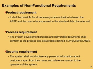 36
Examples of Non-Functional Requirements
•Product requirement
• It shall be possible for all necessary communication between the
APSE and the user to be expressed in the standard Ada character set.
•Process requirement
• The system development process and deliverable documents shall
conform to the process and deliverables defined in XYZCoSPSTAN95.
•Security requirement
• The system shall not disclose any personal information about
customers apart from their name and reference number to the
operators of the system.
 