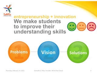 Girinath - giribio
entrepreneurship + innovation
We make students
to improve their
understanding skills
Thursday, February 19, 2015 Girinath G. Pillai, Founder, SRS & Peer Cloud 3
Problems Vision Solutions
 