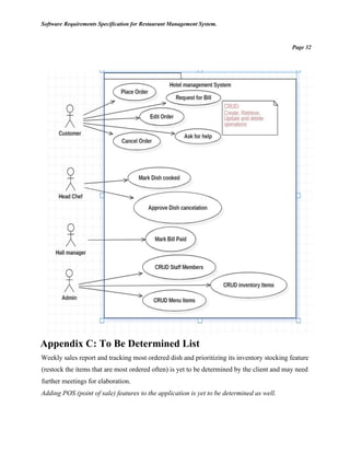 Software Requirements Specification for Restaurant Management System.
Page 32
Appendix C: To Be Determined List
Weekly sales report and tracking most ordered dish and prioritizing its inventory stocking feature
(restock the items that are most ordered often) is yet to be determined by the client and may need
further meetings for elaboration.
Adding POS (point of sale) features to the application is yet to be determined as well.
 