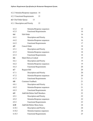 Software Requirements Specification for Restaurant Management System.
4.2.2 Stimulus/Response sequences 14
4.2.3 Functional Requirements 15
4.3 Chef Order Queue 15
4.3.1 Description and Priority 15
4.3.2	 	 Stimulus/Response sequences 15
4.3.3	 	 Functional Requirements 16
4.4	 	 Edit Order 16
4.4.1	 	 Description and Priority 16
4.4.2	 	 Stimulus/Response sequences 16
4.4.3	 	 Functional Requirements 17
4.5	 	 Cancel Order 18
4.5.1	 	 Description and Priority 18
4.5.2	 	 Stimulus/Response sequences 18
4.5.3	 	 Functional Requirements 18
4.6	 	 Mark Dish as Cooked 19
4.6.1	 	 Description and Priority 19
4.6.2	 	 Stimulus/Response sequences 19
4.6.3	 	 Functional Requirements 20
4.7	 	 Request Bill 20
4.7.1	 	 Description and Priority 20
4.7.2	 	 Stimulus/Response sequences 20
4.7.3	 	 Functional Requirements 21
4.8	 	 Customer Feedback 21
4.8.1	 	 Description and Priority 21
4.8.2	 	 Stimulus/Response sequences 21
4.8.3	 	 Functional Requirements 22
4.9	 	 Add/Edit/Delete Staff Members 22
4.9.1	 	 Description and Priority 22
4.9.2	 	 Stimulus/Response sequences 22
4.9.3	 	 Functional Requirements 23
4.10		 Add/Edit/Delete Menu Items 24
4.10.1	 	 Description and Priority 24
4.10.2	 	 Stimulus/response sequences 24
4.10.3	 	 Functional Requirements 25
 