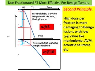 SF
Dose
Dose
Non Fractionated RT More Effective For Benign Tumors
Tissue with low  value
Benign Tumor like AVM,
Meningioma etc
 10
 3
Second Principle
High dose per
fraction is more
damaging to Benign
lesions with low
 value like
meningioma, AVM,
acoustic neuroma
etc
D1 D2
Tissue with high  value
MalignantTumors
 