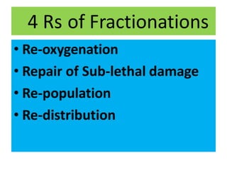 4 Rs of Fractionations
• Re-oxygenation
• Repair of Sub-lethal damage
• Re-population
• Re-distribution
 