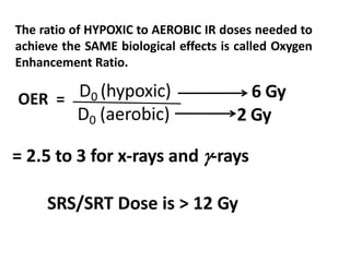 The ratio of HYPOXIC to AEROBIC IR doses needed to
achieve the SAME biological effects is called Oxygen
Enhancement Ratio.
OER = D0 (hypoxic)
D0 (aerobic)
6 Gy
2 Gy
= 2.5 to 3 for x-rays and -rays
SRS/SRT Dose is > 12 Gy
 