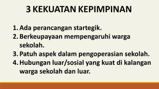 3 KEKUATAN KEPIMPINAN
1.Ada perancangan startegik.
2.Berkeupayaan mempengaruhi warga
sekolah.
3.Patuh aspek dalam pengoperasian sekolah.
4.Hubungan luar/sosial yang kuat di kalangan
warga sekolah dan luar.
 