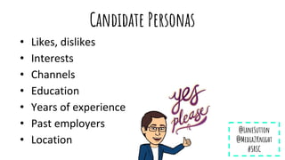 Candidate Personas
• Likes, dislikes
• Interests
• Channels
• Education
• Years of experience
• Past employers
• Location
...