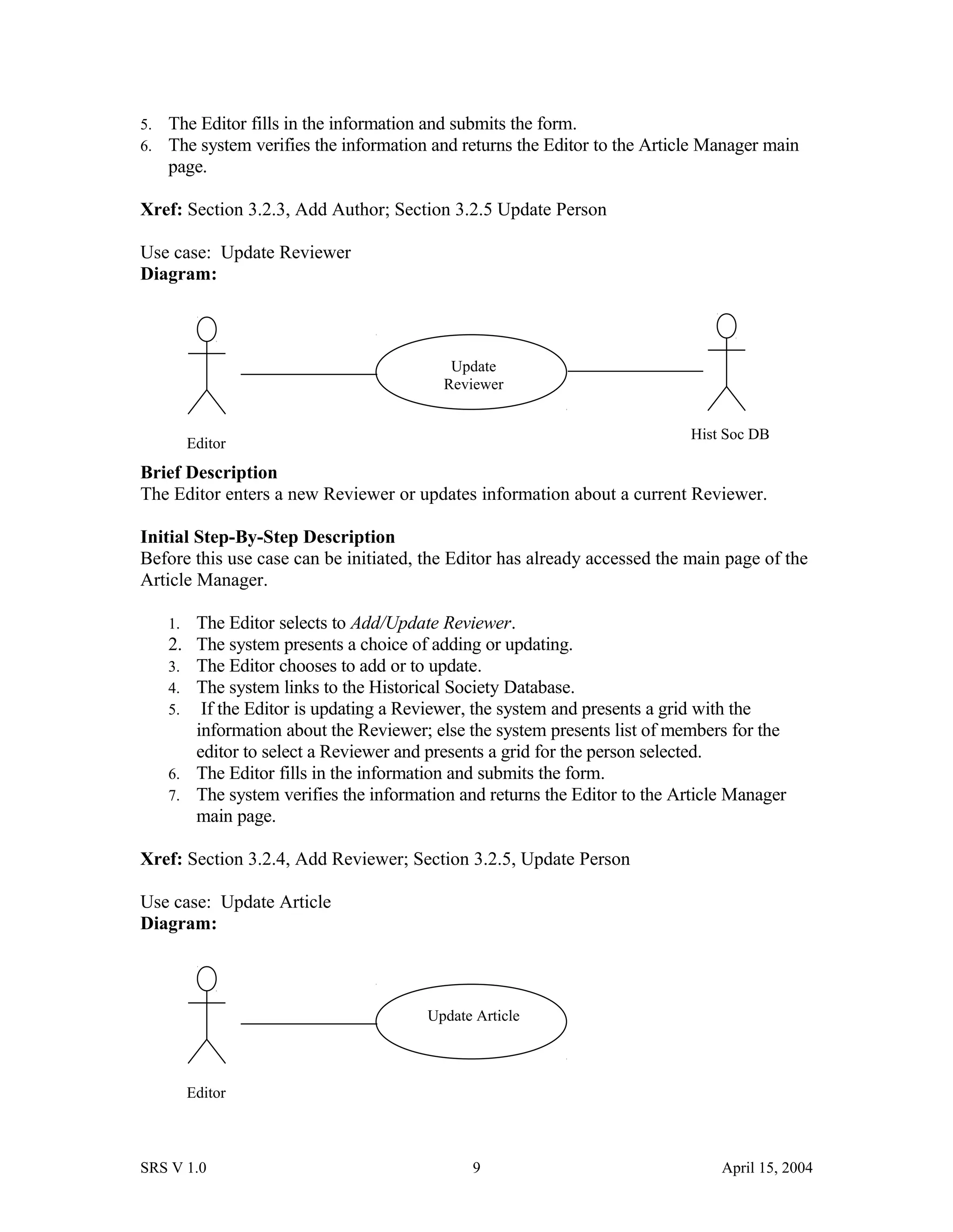 5. The Editor fills in the information and submits the form.
6. The system verifies the information and returns the Editor to the Article Manager main
page.
Xref: Section 3.2.3, Add Author; Section 3.2.5 Update Person
Use case: Update Reviewer
Diagram:
Brief Description
The Editor enters a new Reviewer or updates information about a current Reviewer.
Initial Step-By-Step Description
Before this use case can be initiated, the Editor has already accessed the main page of the
Article Manager.
1. The Editor selects to Add/Update Reviewer.
2. The system presents a choice of adding or updating.
3. The Editor chooses to add or to update.
4. The system links to the Historical Society Database.
5. If the Editor is updating a Reviewer, the system and presents a grid with the
information about the Reviewer; else the system presents list of members for the
editor to select a Reviewer and presents a grid for the person selected.
6. The Editor fills in the information and submits the form.
7. The system verifies the information and returns the Editor to the Article Manager
main page.
Xref: Section 3.2.4, Add Reviewer; Section 3.2.5, Update Person
Use case: Update Article
Diagram:
SRS V 1.0 9 April 15, 2004
Editor
Update Article
Editor
Update
Reviewer
Hist Soc DB
 