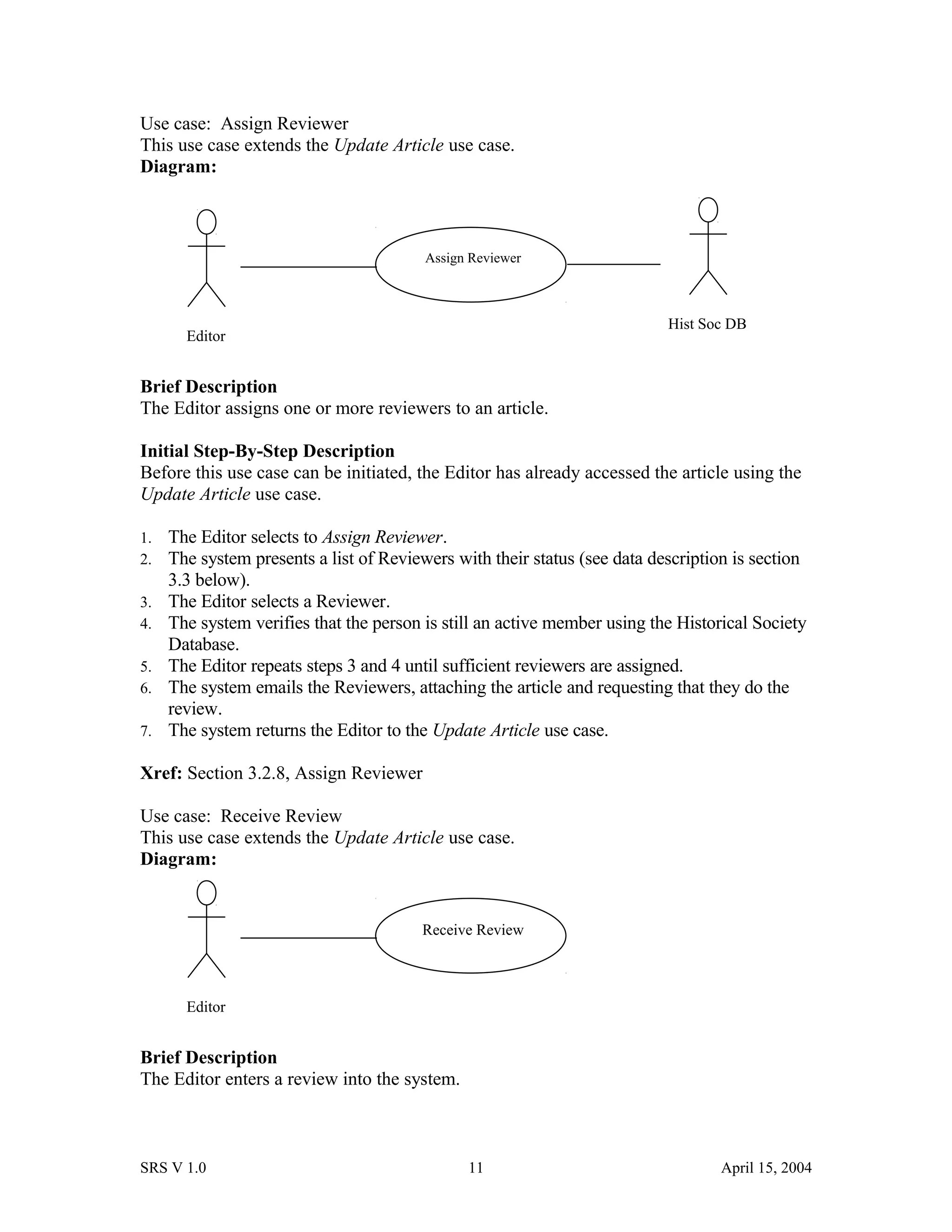Use case: Assign Reviewer
This use case extends the Update Article use case.
Diagram:
Brief Description
The Editor assigns one or more reviewers to an article.
Initial Step-By-Step Description
Before this use case can be initiated, the Editor has already accessed the article using the
Update Article use case.
1. The Editor selects to Assign Reviewer.
2. The system presents a list of Reviewers with their status (see data description is section
3.3 below).
3. The Editor selects a Reviewer.
4. The system verifies that the person is still an active member using the Historical Society
Database.
5. The Editor repeats steps 3 and 4 until sufficient reviewers are assigned.
6. The system emails the Reviewers, attaching the article and requesting that they do the
review.
7. The system returns the Editor to the Update Article use case.
Xref: Section 3.2.8, Assign Reviewer
Use case: Receive Review
This use case extends the Update Article use case.
Diagram:
Brief Description
The Editor enters a review into the system.
SRS V 1.0 11 April 15, 2004
Editor
Assign Reviewer
Hist Soc DB
Editor
Receive Review
 