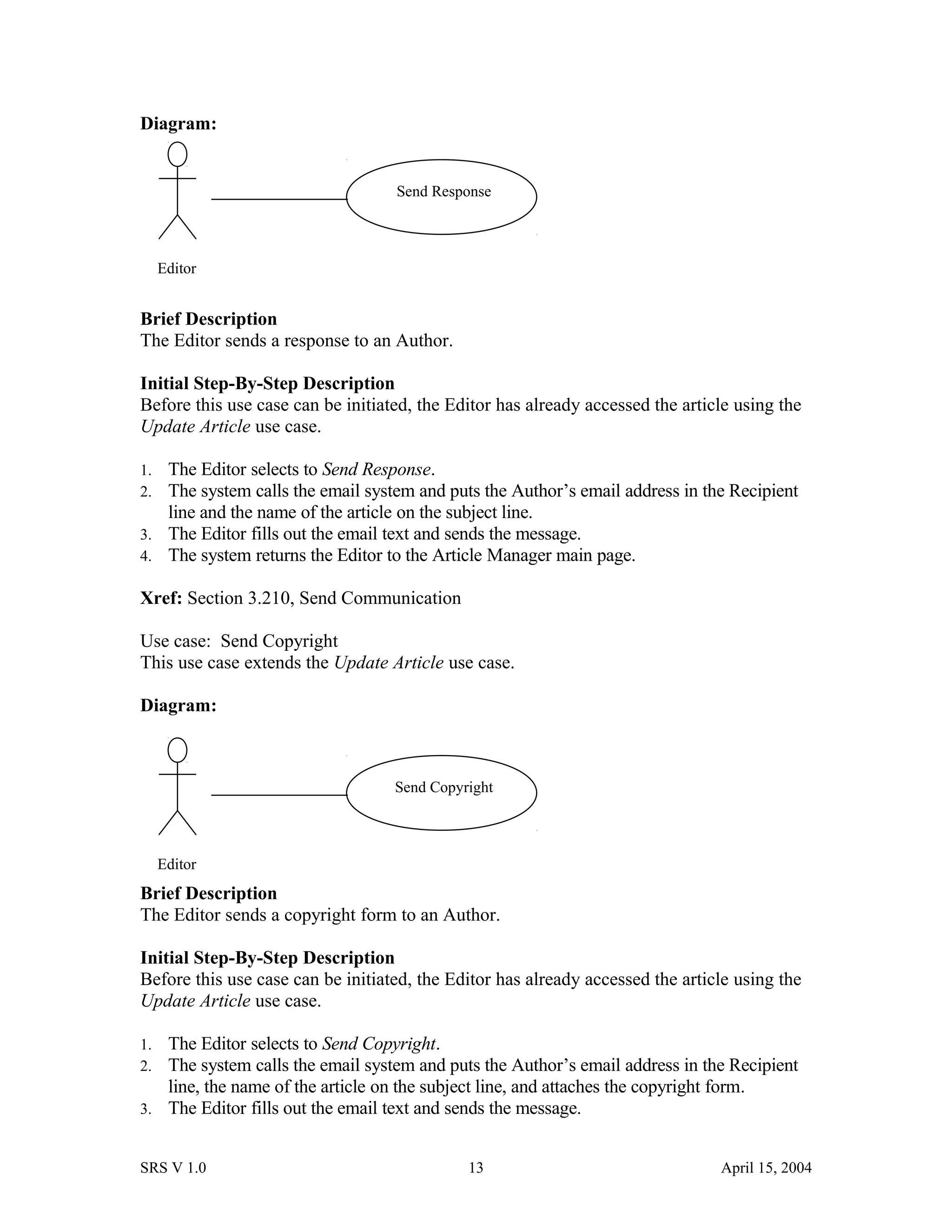 Diagram:
Brief Description
The Editor sends a response to an Author.
Initial Step-By-Step Description
Before this use case can be initiated, the Editor has already accessed the article using the
Update Article use case.
1. The Editor selects to Send Response.
2. The system calls the email system and puts the Author’s email address in the Recipient
line and the name of the article on the subject line.
3. The Editor fills out the email text and sends the message.
4. The system returns the Editor to the Article Manager main page.
Xref: Section 3.210, Send Communication
Use case: Send Copyright
This use case extends the Update Article use case.
Diagram:
Brief Description
The Editor sends a copyright form to an Author.
Initial Step-By-Step Description
Before this use case can be initiated, the Editor has already accessed the article using the
Update Article use case.
1. The Editor selects to Send Copyright.
2. The system calls the email system and puts the Author’s email address in the Recipient
line, the name of the article on the subject line, and attaches the copyright form.
3. The Editor fills out the email text and sends the message.
SRS V 1.0 13 April 15, 2004
Editor
Send Response
Editor
Send Copyright
 