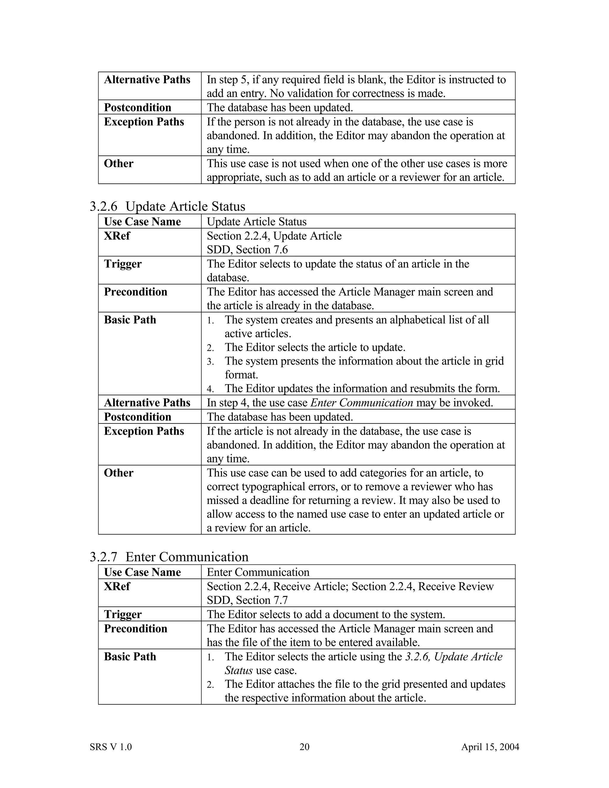 Alternative Paths In step 5, if any required field is blank, the Editor is instructed to
add an entry. No validation for correctness is made.
Postcondition The database has been updated.
Exception Paths If the person is not already in the database, the use case is
abandoned. In addition, the Editor may abandon the operation at
any time.
Other This use case is not used when one of the other use cases is more
appropriate, such as to add an article or a reviewer for an article.
3.2.6 Update Article Status
Use Case Name Update Article Status
XRef Section 2.2.4, Update Article
SDD, Section 7.6
Trigger The Editor selects to update the status of an article in the
database.
Precondition The Editor has accessed the Article Manager main screen and
the article is already in the database.
Basic Path 1. The system creates and presents an alphabetical list of all
active articles.
2. The Editor selects the article to update.
3. The system presents the information about the article in grid
format.
4. The Editor updates the information and resubmits the form.
Alternative Paths In step 4, the use case Enter Communication may be invoked.
Postcondition The database has been updated.
Exception Paths If the article is not already in the database, the use case is
abandoned. In addition, the Editor may abandon the operation at
any time.
Other This use case can be used to add categories for an article, to
correct typographical errors, or to remove a reviewer who has
missed a deadline for returning a review. It may also be used to
allow access to the named use case to enter an updated article or
a review for an article.
3.2.7 Enter Communication
Use Case Name Enter Communication
XRef Section 2.2.4, Receive Article; Section 2.2.4, Receive Review
SDD, Section 7.7
Trigger The Editor selects to add a document to the system.
Precondition The Editor has accessed the Article Manager main screen and
has the file of the item to be entered available.
Basic Path 1. The Editor selects the article using the 3.2.6, Update Article
Status use case.
2. The Editor attaches the file to the grid presented and updates
the respective information about the article.
SRS V 1.0 20 April 15, 2004
 
