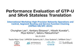 Performance Evaluation of GTP-U
and SRv6 Stateless Translation
Toyota Motor Corp.1),APRESIA Systems,Ltd.2), Cisco Systems3), SoftBank Corp.4)
Chunghan Lee1), Kentaro Ebisawa1), Hitoshi Kuwata2),
Miya Kohno3), Satoru Matsushima4)
Oct.25.2019
International Workshop High-Precision Networks Operations and
Control, Segment Routing and Service Function Chaining
(HiPNet+SR/SFC 2019)
 