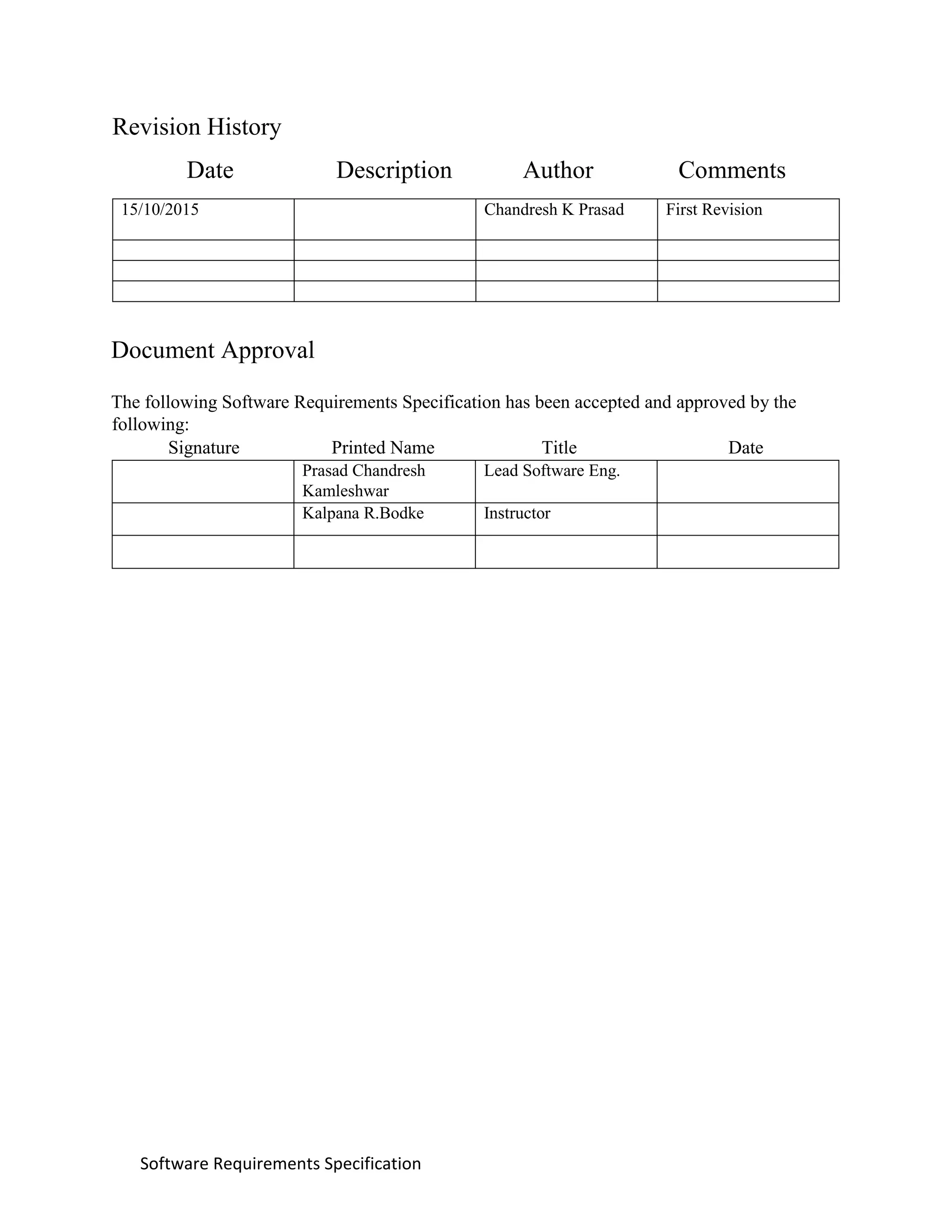 Software Requirements Specification
Revision History
Date Description Author Comments
15/10/2015 Chandresh K Prasad First Revision
Document Approval
The following Software Requirements Specification has been accepted and approved by the
following:
Signature Printed Name Title Date
Prasad Chandresh
Kamleshwar
Lead Software Eng.
Kalpana R.Bodke Instructor
 