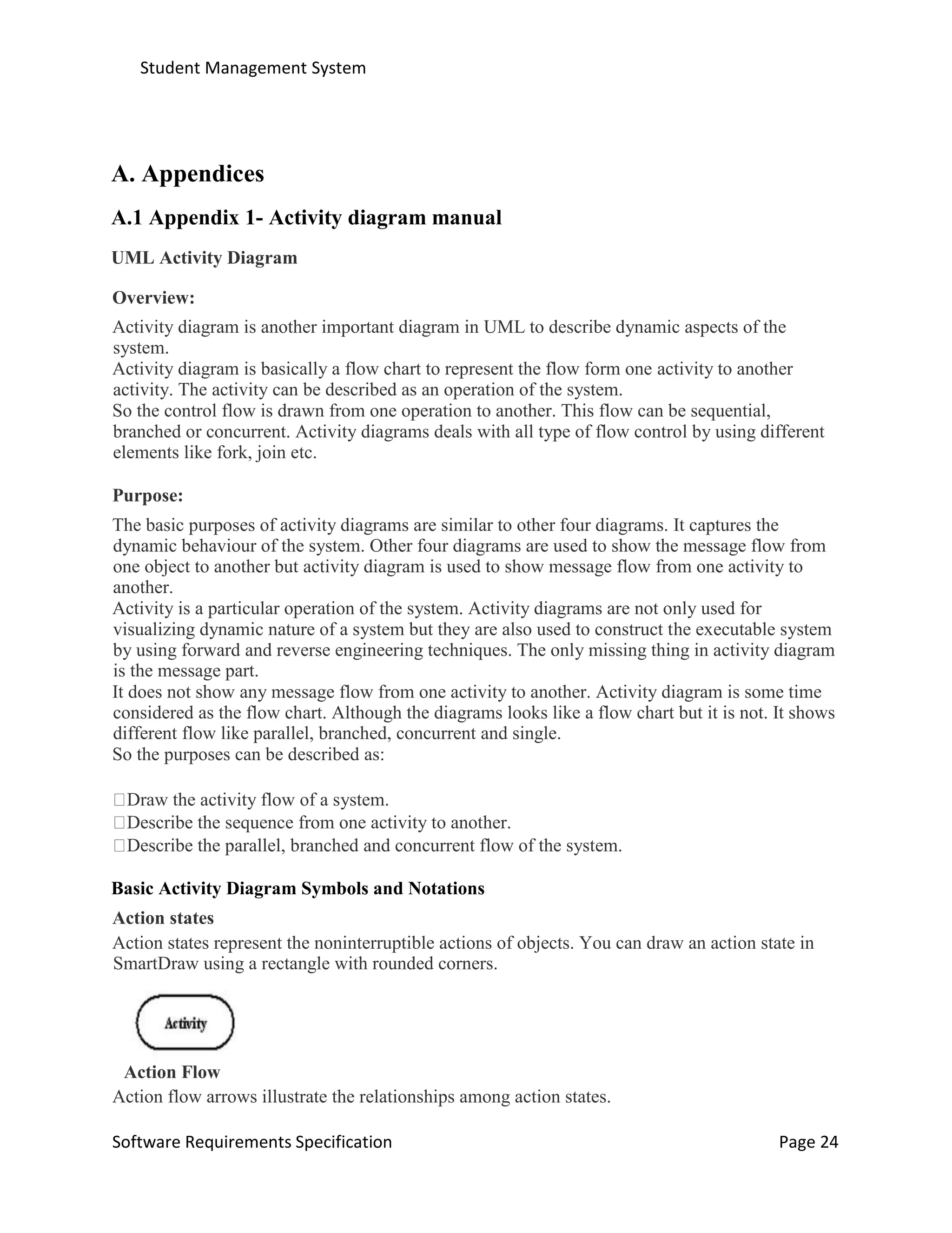 Student Management System
Software Requirements Specification Page 24
A. Appendices
A.1 Appendix 1- Activity diagram manual
UML Activity Diagram
Overview:
Activity diagram is another important diagram in UML to describe dynamic aspects of the
system.
Activity diagram is basically a flow chart to represent the flow form one activity to another
activity. The activity can be described as an operation of the system.
So the control flow is drawn from one operation to another. This flow can be sequential,
branched or concurrent. Activity diagrams deals with all type of flow control by using different
elements like fork, join etc.
Purpose:
The basic purposes of activity diagrams are similar to other four diagrams. It captures the
dynamic behaviour of the system. Other four diagrams are used to show the message flow from
one object to another but activity diagram is used to show message flow from one activity to
another.
Activity is a particular operation of the system. Activity diagrams are not only used for
visualizing dynamic nature of a system but they are also used to construct the executable system
by using forward and reverse engineering techniques. The only missing thing in activity diagram
is the message part.
It does not show any message flow from one activity to another. Activity diagram is some time
considered as the flow chart. Although the diagrams looks like a flow chart but it is not. It shows
different flow like parallel, branched, concurrent and single.
So the purposes can be described as:
Draw the activity flow of a system.
Describe the sequence from one activity to another.
Describe the parallel, branched and concurrent flow of the system.
Basic Activity Diagram Symbols and Notations
Action states
Action states represent the noninterruptible actions of objects. You can draw an action state in
SmartDraw using a rectangle with rounded corners.
Action Flow
Action flow arrows illustrate the relationships among action states.
 