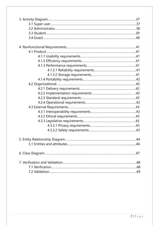 2 | P a g e
3. Activity Diagram…………………………………………………………………………………………..37
3.1 Super user………………………………………………………………………………….……..37
3.2 Administrator……………………………………………………………………………………38
3.3 Student…………………………………………………………………………………………….39
3.4 Guest………………………………………………………………………………………….…….40
4. Nonfunctional Requirements……………………………………………………………………….41
4.1 Product…………………………………………………………………………………………….41
4.1.1 Usability requirements………………………………………………………...41
4.1.2 Efficiency requirements……………………………………………………….41
4.1.3 Performance requirements………………………………………………….41
4.1.3.1 Reliability requirements…………………………………………..41
4.1.3.2 Storage requirements……………………………………………..41
4.1.4 Portability requirements………………………………………………………42
4.2 Organizational………………………………………………………………………………….42
4.2.1 Delivery requirements…………………………………………………………42
4.2.2 Implementation requirements…………………………………………….42
4.2.3 Standard requirements………………………………………………………..42
4.2.4 Operational requirements……………………………………………………42
4.3 External Requirements.…………………………………………………………………….43
4.3.1 Interoperability requirements……………………………………………...43
4.3.2 Ethical requirements……………………………………………………………43
4.3.3 Legislative requirements……………………………………………………..43
4.3.3.1 Privacy requirements………………………………………………43
4.3.3.2 Safety requirements………………………………………………..43
5. Entity Relationship Diagram…………………………………………………………………………44
5.1 Entities and attributes………………………………………………………….................46
6. Class Diagram………………………………………………………………………………………………47
7. Verification and Validation……………………………………………………………………………48
7.1 Verification………………………………………………………………………………………..48
7.2 Validation………………………………………………………………………………………….49
 