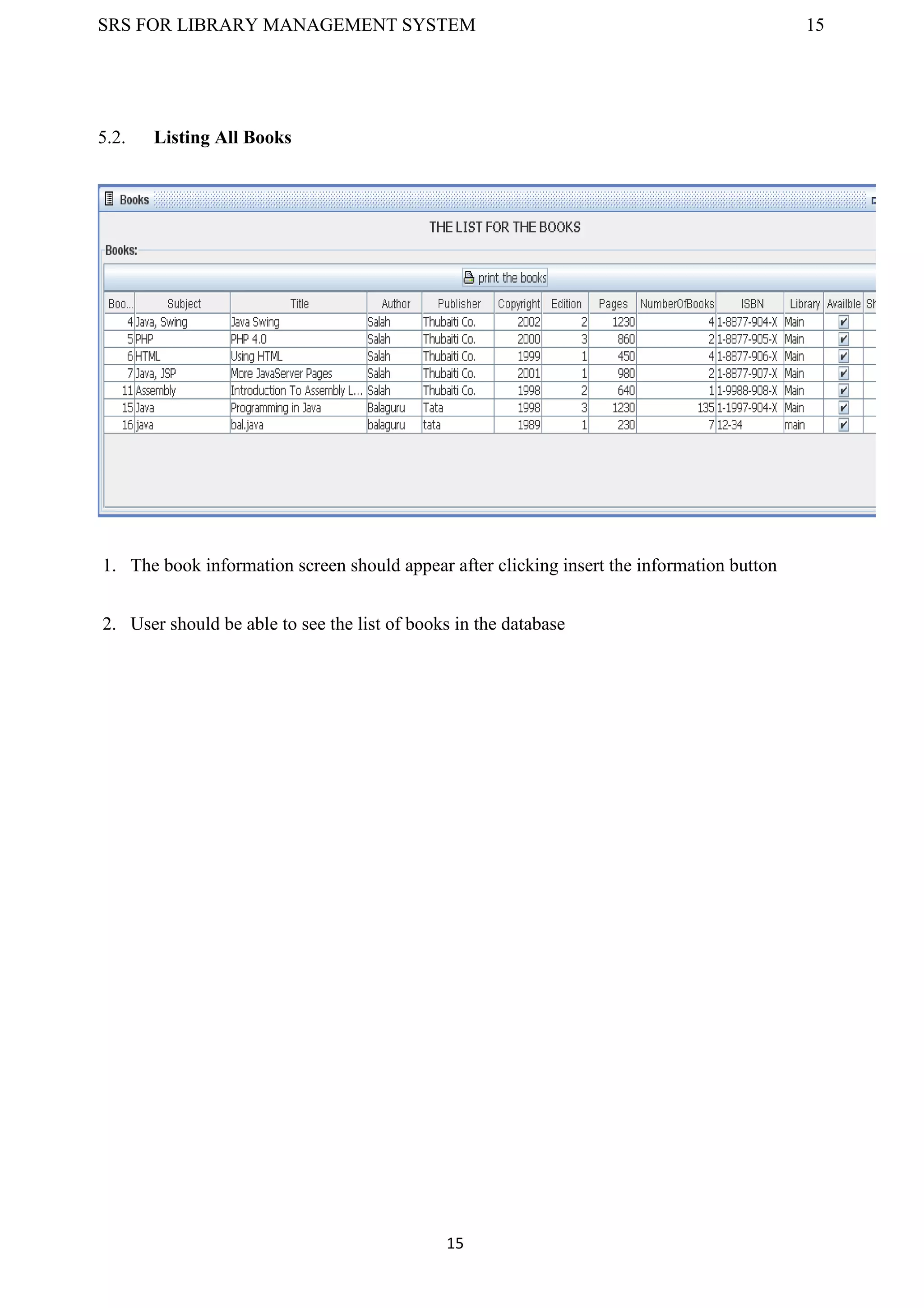 SRS FOR LIBRARY MANAGEMENT SYSTEM 15
15
5.2. Listing All Books
1. The book information screen should appear after clicking insert the information button
2. User should be able to see the list of books in the database
 