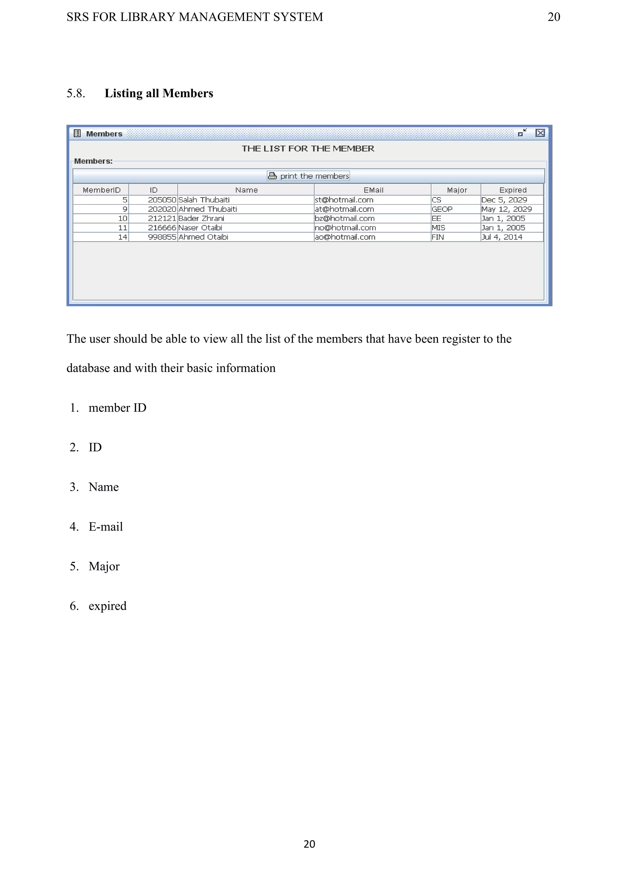 SRS FOR LIBRARY MANAGEMENT SYSTEM 20
20
5.8. Listing all Members
The user should be able to view all the list of the members that have been register to the
database and with their basic information
1. member ID
2. ID
3. Name
4. E-mail
5. Major
6. expired
 