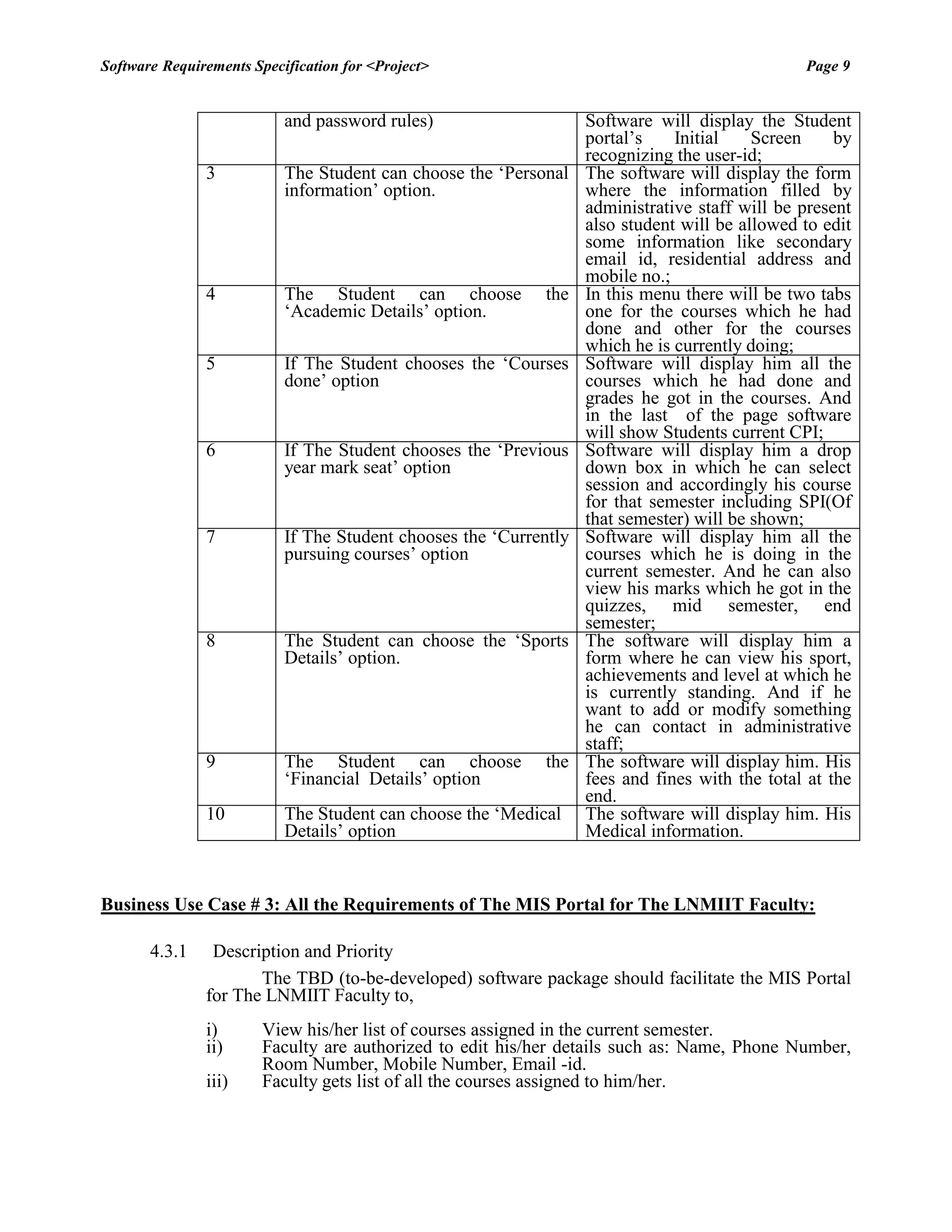 Software Requirements Specification for <Project> Page 9 
and password rules) 
Software will display the Student portal‟s Initial Screen by recognizing the user-id; 
3 
The Student can choose the „Personal information‟ option. 
The software will display the form where the information filled by administrative staff will be present also student will be allowed to edit some information like secondary email id, residential address and mobile no.; 
4 
The Student can choose the „Academic Details‟ option. 
In this menu there will be two tabs one for the courses which he had done and other for the courses which he is currently doing; 
5 
If The Student chooses the „Courses done‟ option 
Software will display him all the courses which he had done and grades he got in the courses. And in the last of the page software will show Students current CPI; 
6 
If The Student chooses the „Previous year mark seat‟ option 
Software will display him a drop down box in which he can select session and accordingly his course for that semester including SPI(Of that semester) will be shown; 
7 
If The Student chooses the „Currently pursuing courses‟ option 
Software will display him all the courses which he is doing in the current semester. And he can also view his marks which he got in the quizzes, mid semester, end semester; 
8 
The Student can choose the „Sports Details‟ option. 
The software will display him a form where he can view his sport, achievements and level at which he is currently standing. And if he want to add or modify something he can contact in administrative staff; 
9 
The Student can choose the „Financial Details‟ option 
The software will display him. His fees and fines with the total at the end. 
10 
The Student can choose the „Medical 
Details‟ option 
The software will display him. His Medical information. 
Business Use Case # 3: All the Requirements of The MIS Portal for The LNMIIT Faculty: 
4.3.1 Description and Priority 
The TBD (to-be-developed) software package should facilitate the MIS Portal for The LNMIIT Faculty to, 
i) View his/her list of courses assigned in the current semester. 
ii) Faculty are authorized to edit his/her details such as: Name, Phone Number, Room Number, Mobile Number, Email -id. 
iii) Faculty gets list of all the courses assigned to him/her.  