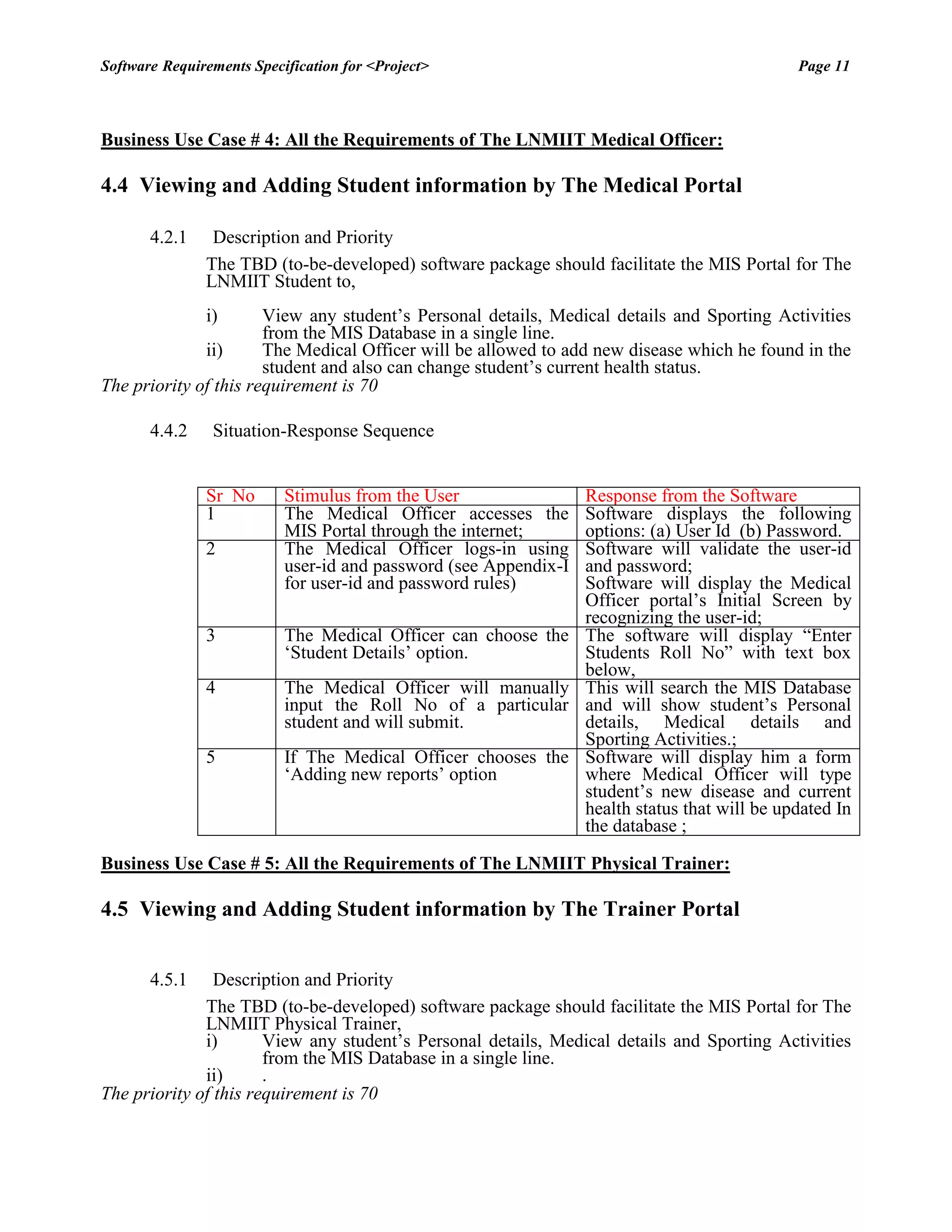 Software Requirements Specification for <Project> Page 11 
Business Use Case # 4: All the Requirements of The LNMIIT Medical Officer: 
4.4 Viewing and Adding Student information by The Medical Portal 
4.2.1 Description and Priority 
The TBD (to-be-developed) software package should facilitate the MIS Portal for The LNMIIT Student to, 
i) View any student‟s Personal details, Medical details and Sporting Activities from the MIS Database in a single line. 
ii) The Medical Officer will be allowed to add new disease which he found in the student and also can change student‟s current health status. 
The priority of this requirement is 70 
4.4.2 Situation-Response Sequence 
Sr No 
Stimulus from the User 
Response from the Software 
1 
The Medical Officer accesses the MIS Portal through the internet; 
Software displays the following options: (a) User Id (b) Password. 
2 
The Medical Officer logs-in using user-id and password (see Appendix-I for user-id and password rules) 
Software will validate the user-id and password; 
Software will display the Medical Officer portal‟s Initial Screen by recognizing the user-id; 
3 
The Medical Officer can choose the „Student Details‟ option. 
The software will display “Enter Students Roll No” with text box below, 
4 
The Medical Officer will manually input the Roll No of a particular student and will submit. 
This will search the MIS Database and will show student‟s Personal details, Medical details and Sporting Activities.; 
5 
If The Medical Officer chooses the „Adding new reports‟ option 
Software will display him a form where Medical Officer will type student‟s new disease and current health status that will be updated In the database ; 
Business Use Case # 5: All the Requirements of The LNMIIT Physical Trainer: 
4.5 Viewing and Adding Student information by The Trainer Portal 
4.5.1 Description and Priority 
The TBD (to-be-developed) software package should facilitate the MIS Portal for The LNMIIT Physical Trainer, 
i) View any student‟s Personal details, Medical details and Sporting Activities from the MIS Database in a single line. 
ii) . 
The priority of this requirement is 70 
 