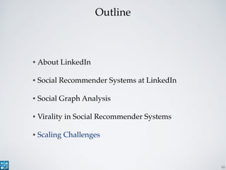 Outline
• About LinkedIn!
• Social Recommender Systems at LinkedIn!
• Social Graph Analysis!
• Virality in Social Recommen...