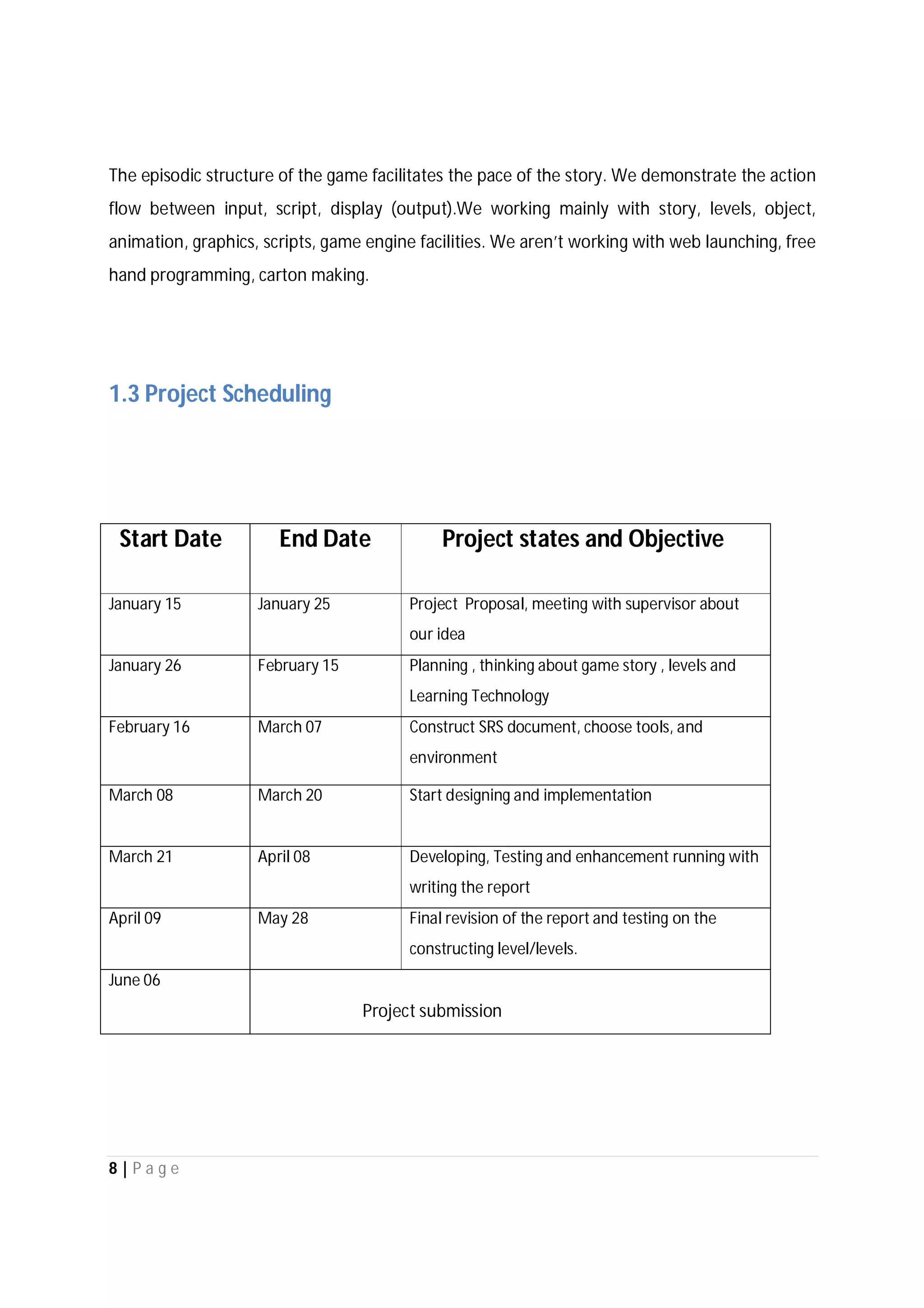 8 | P a g e
The episodic structure of the game facilitates the pace of the story. We demonstrate the action
flow between input, script, display (output).We working mainly with story, levels, object,
animation, graphics, scripts, game engine facilities. We aren’t working with web launching, free
hand programming, carton making.
1.3 Project Scheduling
Start Date End Date Project states and Objective
January 15 January 25 Project Proposal, meeting with supervisor about
our idea
January 26 February 15 Planning , thinking about game story , levels and
Learning Technology
February 16 March 07 Construct SRS document, choose tools, and
environment
March 08 March 20 Start designing and implementation
March 21 April 08 Developing, Testing and enhancement running with
writing the report
April 09 May 28 Final revision of the report and testing on the
constructing level/levels.
June 06
Project submission
 