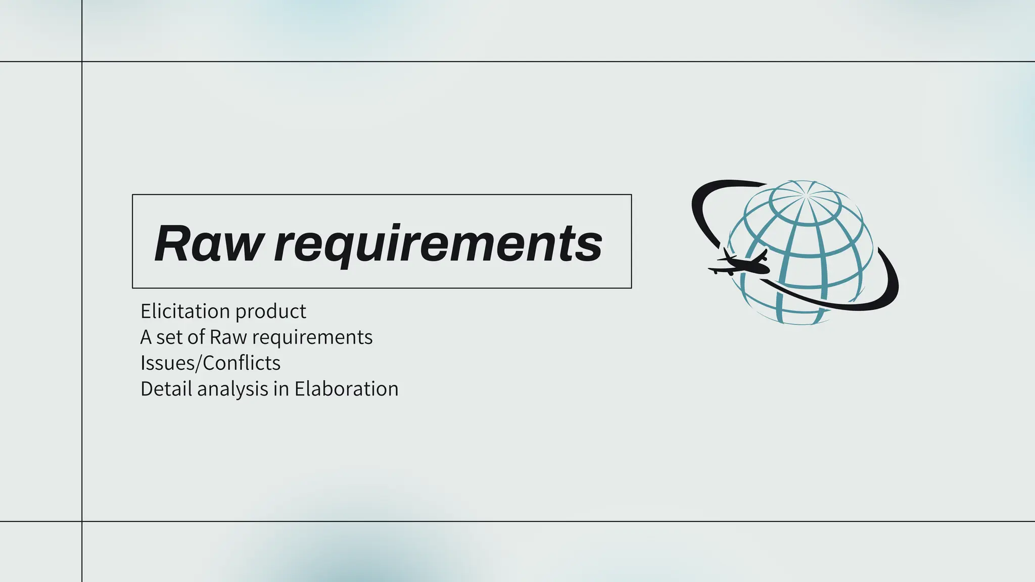 Raw requirements
Elicitation product
A set of Raw requirements
Issues/Conflicts
Detail analysis in Elaboration
 