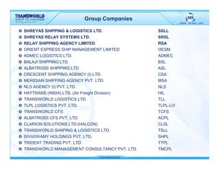 Group Companies

SHREYAS SHIPPING & LOGISTICS LTD.               SSLL
SHREYAS RELAY SYSTEMS LTD.                      SRSL
RELAY SHIPPING AGENCY LIMITED                   RSA
ORIENT EXPRESS SHIP MANAGEMENT LIMITED          OESM
ADMEC LOGISTICS LTD.                            ADMEC
BALAJI SHIPPING LTD.                            BSL
ALBATROSS SHIPPING LTD                          ASL
CRESCENT SHIPPING AGENCY (I) LTD.               CSA
MERIDIAN SHIPPING AGENCY PVT. LTD.              MSA
NLS AGENCY (I) PVT. LTD.                        NLS
HAYTRANS (INDIA) LTD. (Air Freight Division)    HIL
TRANSWORLD LOGISTICS LTD.                       TLL
TLPL LOGISTICS PVT. LTD.                        TLPL-LO
TRANSWORLD CFS                                  TCFS
ALBATROSS CFS PVT. LTD                          ACPL
CLARION SOLUTIONS LTD.(HALCON)                  CLSL
TRANSWORLD SHIIPING & LOGISTICS LTD.            TSLL
SIVASWAMY HOLDINGS PVT. LTD.                    SHPL
TRIDENT TRADING PVT. LTD.                       TTPL
TRANSWORLD MANAGEMENT CONSULTANCY PVT. LTD.     TMCPL
 