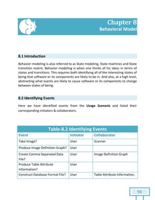 93
Chapter 8
Behavioral Model
8.1 Introduction
Behavior modeling is also referred to as State modeling, State machines and State
transition matrix. Behavior modeling is when one thinks of his ideas in terms of
states and transitions. This requires both identifying all of the interesting states of
being that software or its components are likely to be in. And also, at a high level,
abstracting what events are likely to cause software or its components to change
between states of being.
8.2 Identifying Events
Here we have identified events from the Usage Scenario and listed their
corresponding initiators & collaborators.
Table-8.2 Identifying Events
Event Initiator Collaborator
Take Image? User Scanner
Produce Image Definition Graph? User
Create Comma Separated Data
File?
User Image Definition Graph
Produce Table Attribute
Information?
User
Construct Database Format File? User Table Attribute Information,
 