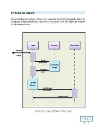97
8.4 Sequence Diagram
Sequence Diagram indicates how events cause transitions from object to object. It
is actually a representation of how events cause flow from one object to another
as a function of time.
Figure 8.4.1: Sequence Diagram- Scan Image
 