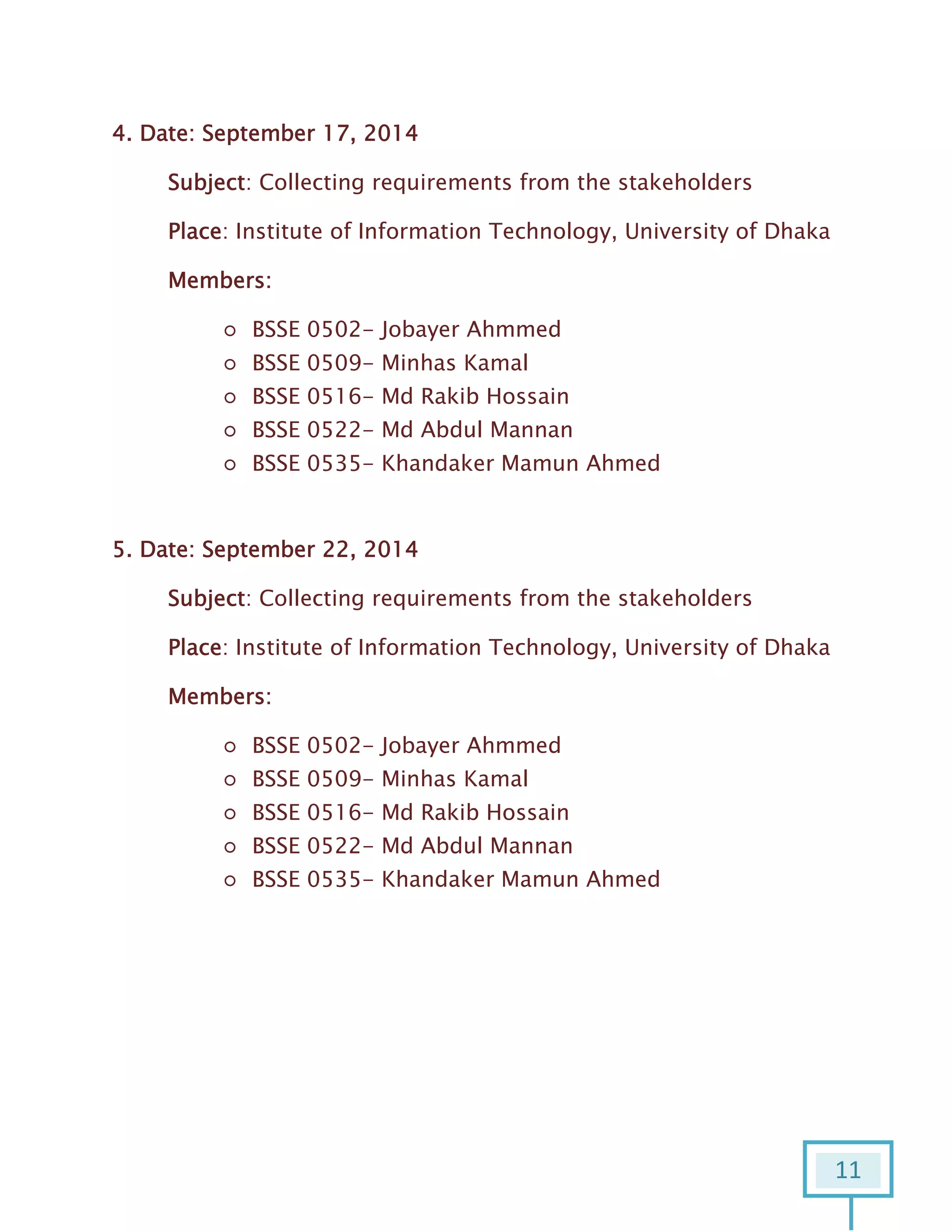 11
4. Date: September 17, 2014
Subject: Collecting requirements from the stakeholders
Place: Institute of Information Technology, University of Dhaka
Members:
○ BSSE 0502- Jobayer Ahmmed
○ BSSE 0509- Minhas Kamal
○ BSSE 0516- Md Rakib Hossain
○ BSSE 0522- Md Abdul Mannan
○ BSSE 0535- Khandaker Mamun Ahmed
5. Date: September 22, 2014
Subject: Collecting requirements from the stakeholders
Place: Institute of Information Technology, University of Dhaka
Members:
○ BSSE 0502- Jobayer Ahmmed
○ BSSE 0509- Minhas Kamal
○ BSSE 0516- Md Rakib Hossain
○ BSSE 0522- Md Abdul Mannan
○ BSSE 0535- Khandaker Mamun Ahmed
 