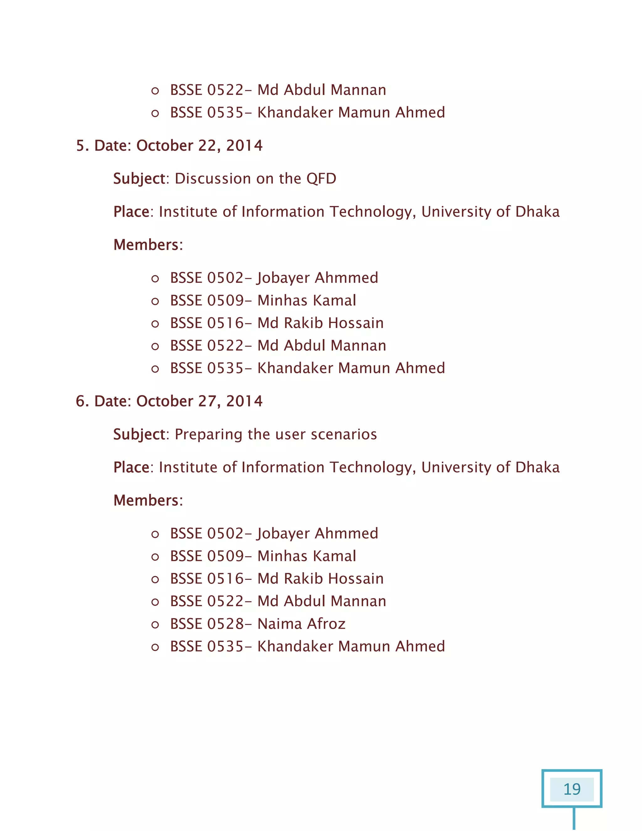 19
○ BSSE 0522- Md Abdul Mannan
○ BSSE 0535- Khandaker Mamun Ahmed
5. Date: October 22, 2014
Subject: Discussion on the QFD
Place: Institute of Information Technology, University of Dhaka
Members:
○ BSSE 0502- Jobayer Ahmmed
○ BSSE 0509- Minhas Kamal
○ BSSE 0516- Md Rakib Hossain
○ BSSE 0522- Md Abdul Mannan
○ BSSE 0535- Khandaker Mamun Ahmed
6. Date: October 27, 2014
Subject: Preparing the user scenarios
Place: Institute of Information Technology, University of Dhaka
Members:
○ BSSE 0502- Jobayer Ahmmed
○ BSSE 0509- Minhas Kamal
○ BSSE 0516- Md Rakib Hossain
○ BSSE 0522- Md Abdul Mannan
○ BSSE 0528- Naima Afroz
○ BSSE 0535- Khandaker Mamun Ahmed
 