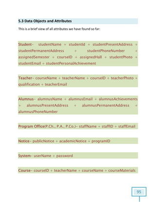 95
5.3 Data Objects and Attributes
This is a brief view of all attributes we have found so far:
Student- studentName + studentId + studentPresentAddress +
studentPermanentAddress + studentPhoneNumber +
assignedSemester + courseID + assignedHall + studentPhoto +
studentEmail + studentPersonalAchievement
Teacher- courseName + teacherName + courseID + teacherPhoto +
qualification + teacherEmail
Alumnus- alumnusName + alumnusEmail + alumnusAchievements
+ alumnusPresentAddress + alumnusPermanentAddress +
alumnusPhoneNumber
Program Office(P.Ch., P.A., P.Co.)- staffName + staffID + staffEmail
Notice- publicNotice + academicNotice + programID
System- userName + password
Course- courseID + teacherName + courseName + courseMaterials
 
