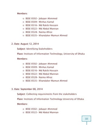 10
Members:
○ BSSE 0502- Jobayer Ahmmed
○ BSSE 0509- Minhas Kamal
○ BSSE 0516- Md Rakib Hossain
○ BSSE 0522- Md Abdul Mannan
○ BSSE 0528- Naima Afroz
○ BSSE 0535- Khandaker Mamun Ahmed
2. Date: August 12, 2014
Subject: Identifying Stakeholders
Place: Institute of Information Technology, University of Dhaka
Members:
○ BSSE 0502- Jobayer Ahmmed
○ BSSE 0509- Minhas Kamal
○ BSSE 0516- Md Rakib Hossain
○ BSSE 0522- Md Abdul Mannan
○ BSSE 0528- Naima Afroz
○ BSSE 0535- Khandaker Mamun Ahmed
3. Date: September 08, 2014
Subject: Collecting requirements from the stakeholders
Place: Institute of Information Technology University of Dhaka
Members:
○ BSSE 0502- Jobayer Ahmmed
○ BSSE 0522- Md Abdul Mannan
 