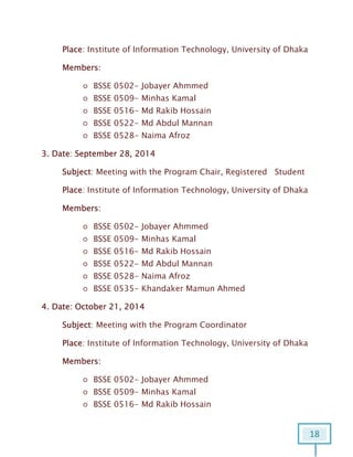 18
Place: Institute of Information Technology, University of Dhaka
Members:
○ BSSE 0502- Jobayer Ahmmed
○ BSSE 0509- Minhas Kamal
○ BSSE 0516- Md Rakib Hossain
○ BSSE 0522- Md Abdul Mannan
○ BSSE 0528- Naima Afroz
3. Date: September 28, 2014
Subject: Meeting with the Program Chair, Registered Student
Place: Institute of Information Technology, University of Dhaka
Members:
○ BSSE 0502- Jobayer Ahmmed
○ BSSE 0509- Minhas Kamal
○ BSSE 0516- Md Rakib Hossain
○ BSSE 0522- Md Abdul Mannan
○ BSSE 0528- Naima Afroz
○ BSSE 0535- Khandaker Mamun Ahmed
4. Date: October 21, 2014
Subject: Meeting with the Program Coordinator
Place: Institute of Information Technology, University of Dhaka
Members:
○ BSSE 0502- Jobayer Ahmmed
○ BSSE 0509- Minhas Kamal
○ BSSE 0516- Md Rakib Hossain
 