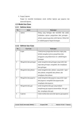 Jurusan Teknik Informatika UNHALU Inception-G04 Halaman 10 dari 55 halaman
6. Fungsi Laporan
Fungsi ini memiliki kemampuan untuk melihat laporan gaji pegawai dan
mencetak laporan.
2.3 Model Use Case
2.3.1 Definisi Actor
No Aktor Deskripsi
1. Admin Orang yang bertugas dan memiliki hak untuk
melakukan operasi pengelolaan data golongan ,
jabatan, pegawai,gaji,dan cetak laporan. Dalam hal
ini adalah pegawai bagian keuangan.
2.3.2 Definisi Use Case
No Use Case Deskripsi
1 Login Untuk proses pengecekan hak akses siapa yang
berhak mengakses proses pengelolaan data
penggajian yang dalam kasus ini adalah bagian
keuangan.
2 Mengelola data golongan untuk mengelola data golongan yang terdiri dari
input data golongan, mengubah, dan menghapus
data golongan
3 Mengelola data jabatan untuk mengelola data jabatan yang terdiri input
data jabatan, mengubah data jabatan, dan
menghapus data jabatan.
4 Mengelola data pegawai untuk mengelola data pegawai yang terdiri input
data pegawai, mengubah data pegawai,dan
menghapus data pegawai.
5 Mengelola data gaji untuk mengelola data gaji yang meliputi
menghitung gaji pegawai,memasukkan data gaji
dan menghapus data gaji.
6 Laporan Untuk melihat dan mencetak laporan gaji pegawai.
 