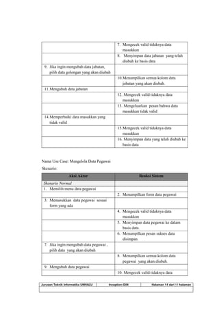 Jurusan Teknik Informatika UNHALU Inception-G04 Halaman 14 dari 55 halaman
7. Mengecek valid tidaknya data
masukkan
8. Menyimpan data jabatan yang telah
diubah ke basis data
9. Jika ingin mengubah data jabatan,
pilih data golongan yang akan diubah
10.Menampilkan semua kolom data
jabatan yang akan diubah.
11.Mengubah data jabatan
12. Mengecek valid tidaknya data
masukkan
13. Mengeluarkan pesan bahwa data
masukkan tidak valid
14.Memperbaiki data masukkan yang
tidak valid
15.Mengecek valid tidaknya data
masukkan
16. Menyimpan data yang telah diubah ke
basis data
Nama Use Case: Mengelola Data Pegawai
Skenario:
Aksi Aktor Reaksi Sistem
Skenario Normal
1. Memilih menu data pegawai
2. Menampilkan form data pegawai
3. Memasukkan data pegawai sesuai
form yang ada
4. Mengecek valid tidaknya data
masukkan
5. Menyimpan data pegawai ke dalam
basis data.
6. Menampilkan pesan sukses data
disimpan
7. Jika ingin mengubah data pegawai ,
pilih data yang akan diubah
8. Menampilkan semua kolom data
pegawai yang akan diubah.
9. Mengubah data pegawai
10. Mengecek valid tidaknya data
 