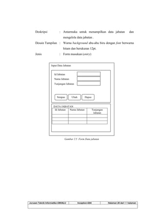Jurusan Teknik Informatika UNHALU Inception-G04 Halaman 20 dari 55 halaman
Deskripsi : Antarmuka untuk menampilkan data jabatan dan
mengelola data jabatan .
Desain Tampilan : Warna background abu-abu biru dengan font berwarna
hitam dan berukuran 12pt.
Jenis : Form masukan (entry)
Gambar 2.5 Form Data jabatan
Input Data Jabatan
Id Jabatan
Nama Jabatan
Tunjangan Jabatan
Simpan Ubah Hapus Cetak
DATA JABATAN
Id Jabatan Nama Jabatan Tunjangan
Jabatan
 