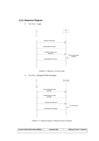 Jurusan Teknik Informatika UNHALU Inception-G04 Halaman 27 dari 55 halaman
3.2.2. Sequence Diagram
 Use Case : Login
1. Memulai Proses login
Login
2. Menampilkan form login
3. Mengisi Username dan
password
4. Cek username dan
password
5. Menampilkan form menu
Gambar 3.2 Sequence Activitas Login
 Use Case : Mengelola Data Golongan
1. Memulai Mengelola data
golongan
Data Golongan
2. Menampilkan form data
golongan
3. Mengisi form data buku
4. proses query
5. Menyimpan ke database
Aktor
Gambar 3.3 Diagram Sequence Mengelola Data Golongan
 