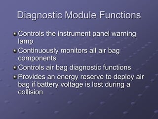 Diagnostic Module Functions
Controls the instrument panel warning
lamp
Continuously monitors all air bag
components
Controls air bag diagnostic functions
Provides an energy reserve to deploy air
bag if battery voltage is lost during a
collision
 