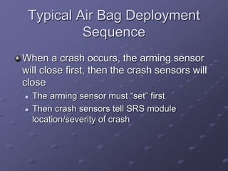 Typical Air Bag Deployment
Sequence
When a crash occurs, the arming sensor
will close first, then the crash sensors will
close
 The arming sensor must “set” first
 Then crash sensors tell SRS module
location/severity of crash
 