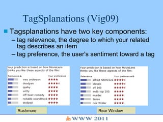 TagSplanations (Vig09) Tagsplanations have two key components:  tag relevance, the degree to which your related tag describes an item  tag preference, the user's sentiment toward a tag  Rushmore Rear Window 