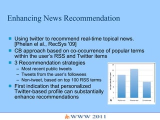 Enhancing News Recommendation Using twitter to recommend real - time topical news .  [Phelan el al., RecSys '09] CB approach based on co-occurrence of popular terms within the user’s RSS and Twitter items 3 Recommendation strategies Most recent public tweets Tweets from the user’s followees Non-tweet, based on top 100 RSS terms First indication that personalized  Twitter-based profile can substantially  enhance recommendations 