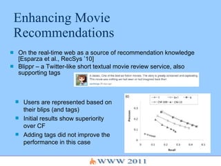 Enhancing Movie Recommendations On the real-time web as a source of recommendation knowledge [ Esparza et al., RecSys ’10] Blippr – a Twitter-like short textual movie review service , also supporting tags Users are represented based on their blips (and tags) Initial results show superiority over CF Adding tags did not improve the performance in this case 