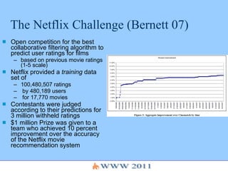 The Netflix Challenge (Bernett 07) Open competition for the best collaborative filtering algorithm to predict user ratings for films based on previous movie ratings (1-5 scale)  Netflix provided a  training  data set of  100,480,507 ratings  by 480,189 users  for 17,770 movies   Contestants were judged according to their predictions for 3 million withheld ratings $1 million Prize was given to a team who achieved 10 percent improvement over the accuracy of the Netflix movie recommendation system   