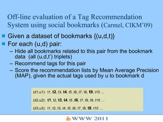Off-line evaluation of a Tag Recommendation System using social bookmarks ( Carmel, CIKM’09) Given a dataset of bookmarks {(u,d,t)} For each (u,d) pair: Hide all bookmarks related to this pair from the bookmark data  (all (u,d,t’) triplets) Recommend tags for this pair  Score the recommendation lists by Mean Average Precision (MAP), given the actual tags used by u to bookmark d (d1,u1):  t1,  t2 , t3,  t4 , t5 ,t6, t7, t8,   t 9 , t10 … (d2,u2):  t1 , t2,  t3 ,  t4 , t5 , t6 , t7, t8, t9, t10 … (d3,u3):  t1, t2, t3, t4, t5 ,t6, t7, t8,  t9 , t10 … 