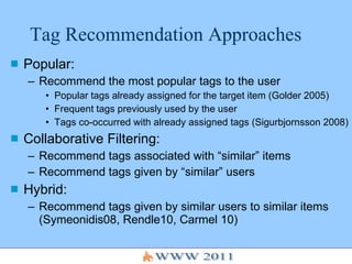 Tag Recommendation Approaches Popular:  Recommend the most popular tags to the user Popular tags already assigned for the target item (Golder 2005) Frequent tags previously used by the user Tags co-occurred with already assigned tags (Sigurbjornsson 2008) Collaborative Filtering: Recommend tags associated with “similar” items Recommend tags given by “similar” users Hybrid:  Recommend tags given by similar users to similar items (Symeonidis08, Rendle10, Carmel 10) 