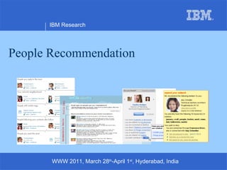 People Recommendation IBM Research WWW 2011, March 28 th -April 1 st , Hyderabad, India 