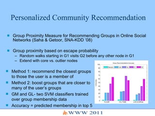 Personalized Community Recommendation Group Proximity Measure for Recommending Groups in Online Social Networks (Saha & Getoor, SNA-KDD ’08) Group proximity based on escape probability Random walks starting in G1 visits G2 before any other node in G1 Extend with core vs. outlier nodes Method 1: recommend the closest groups to those the user is a member of Method 2: boost groups that are closer to many of the user’s groups GM and GL- two SVM classifiers trained over group membership data Accuracy = predicted membership in top 5 