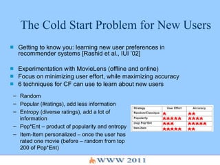 The Cold Start Problem for New Users  Getting to know you: learning new user preferences in recommender systems [Rashid et al., IUI ’02] Experimentation with MovieLens (offline and online) Focus on minimizing user effort, while maximizing accuracy 6 techniques for CF can use to learn about new users Random Popular (#ratings), add less information Entropy (diverse ratings), add a lot of information Pop*Ent – product of popularity and entropy Item-Item personalized – once the user has rated one movie (before – random from top 200 of Pop*Ent) 