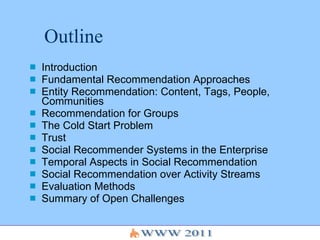 Outline <ul><li>Introduction  </li></ul><ul><li>Fundamental Recommendation Approaches </li></ul><ul><li>Entity Recommendat...