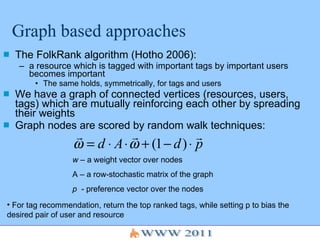 Graph based approaches <ul><li>The FolkRank algorithm (Hotho 2006): </li></ul><ul><ul><li>a resource which is tagged with ...